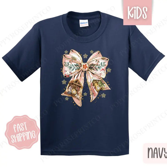 Kids Christmas Shirt - Nativity Bow Childrens Tshirt - Youth Holiday Tee Gildan