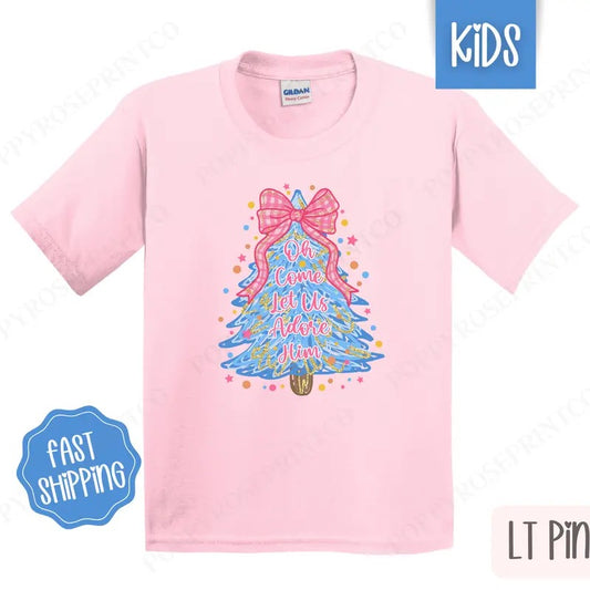 Kids Christmas Shirt - Oh Come Let Us Adore Him Children's Tshirt - Youth Holiday Tee Gildan