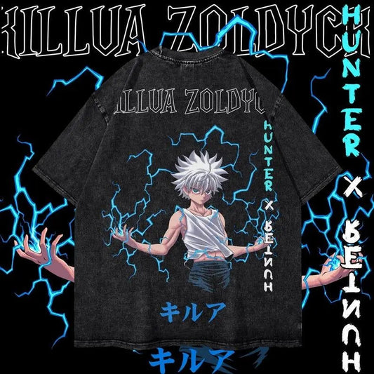 Killua Heavy Oversized Dyenomite Mineral Wash T-Shirt Unisex Hunter X Hunter Anime T-Shirt Streetwear & Gym Style Best Holiday Gift Classic Cotton