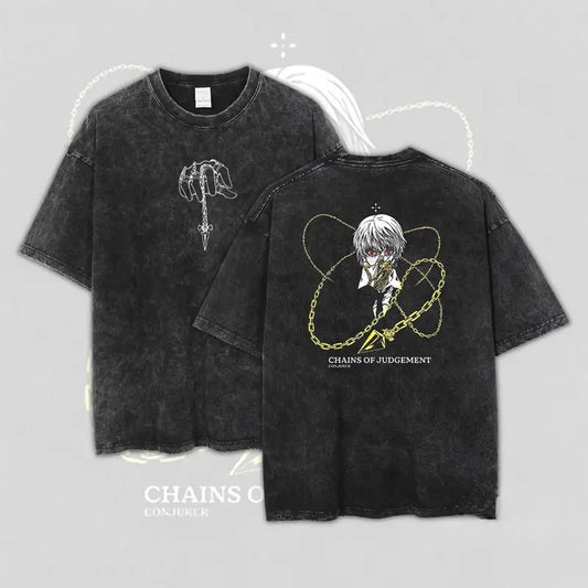 Kusari Yarou Hunter x Hunter Anime Vintage Oversized Washed Tee Unisex Heavy Cotton Sweatshirt with Chain Design, Classic Style for Anime Fans
