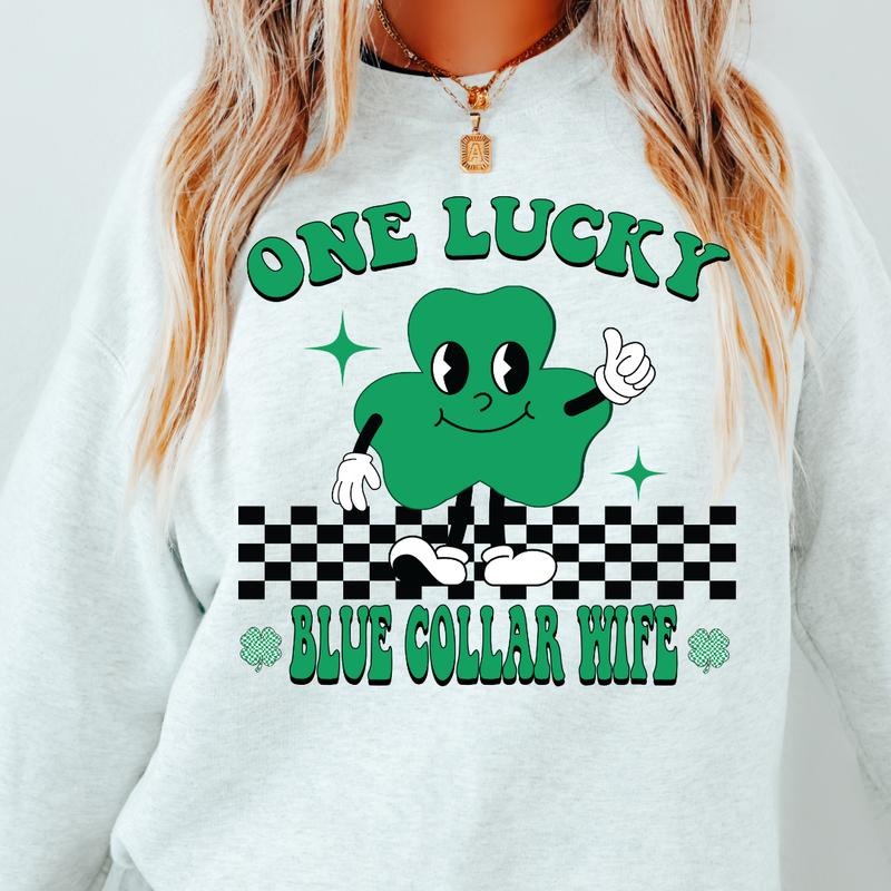 LUCKY BLUE COLLAR WIFE SWEATSHIRT (UNISEX, CASUAL COTTON SWEATSHIRT, HOLIDAY ST. PATRICKS DAY) Womenswear Hoodie