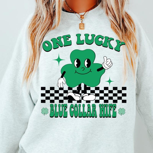 LUCKY BLUE COLLAR WIFE SWEATSHIRT (UNISEX, CASUAL COTTON SWEATSHIRT, HOLIDAY ST. PATRICKS DAY) Womenswear Hoodie