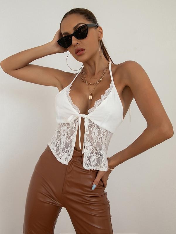 Lace Trim Tie Front Split Halter Cami Crop TopsY2K