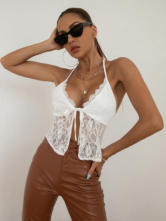 Lace Trim Tie Front Split Halter Cami Crop TopsY2K