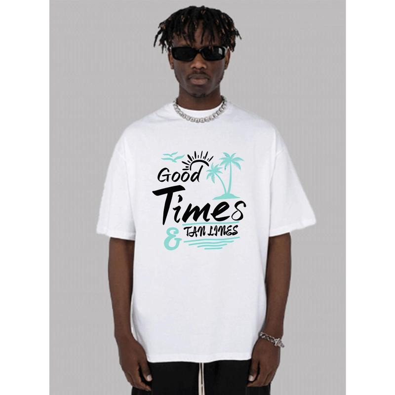 Landscape letter print fashion T-shirt men, cotton round neck new cotton T-shirt, round neck casual sports short-sleeved T-shirt Made in USA