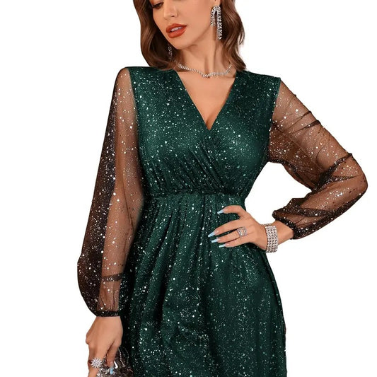 Lantern Long Sleeve V Neck Mesh Cocktail Party Short Dress Without Belt