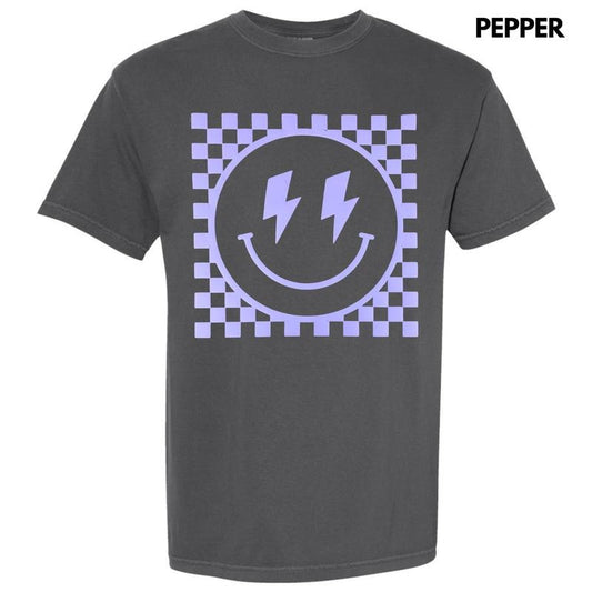 Lavender Checkered Happy Face Puff Comfort Colors T-Shirt