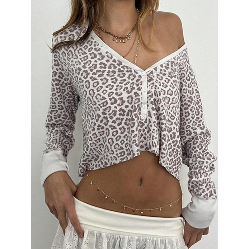 Leopard Print Button Up T Shirt Deep V Neck Long Sleeve Y2k Crop Top