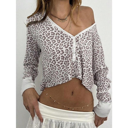 Leopard Print Button Up T Shirt Deep V Neck Long Sleeve Y2k Crop Top