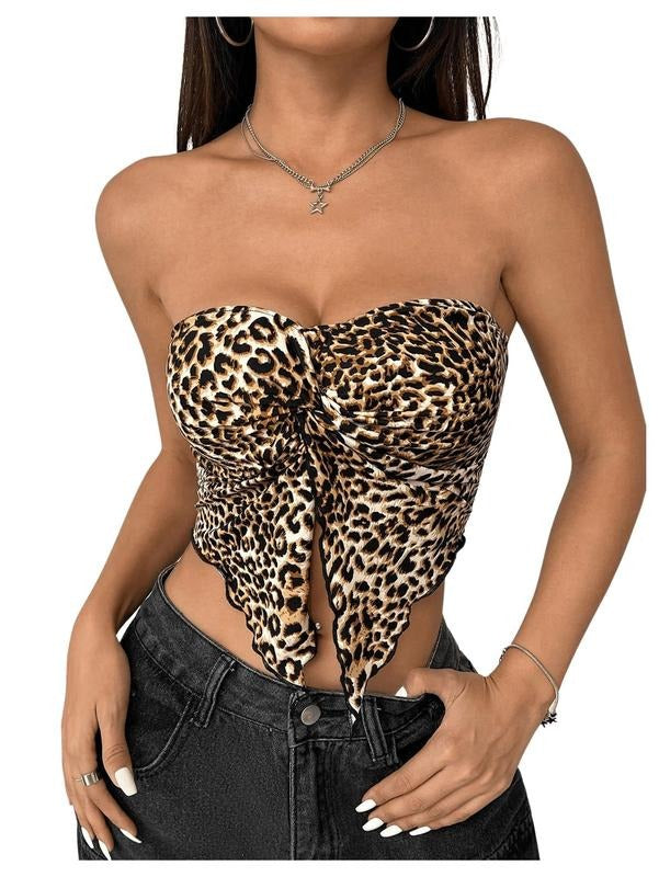 Leopard Print Twist Front Strapless Split Top Y2k Crop Tube Bandeau Tank Top