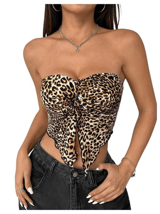 Leopard Print Twist Front Strapless Split Top Y2k Crop Tube Bandeau Tank Top