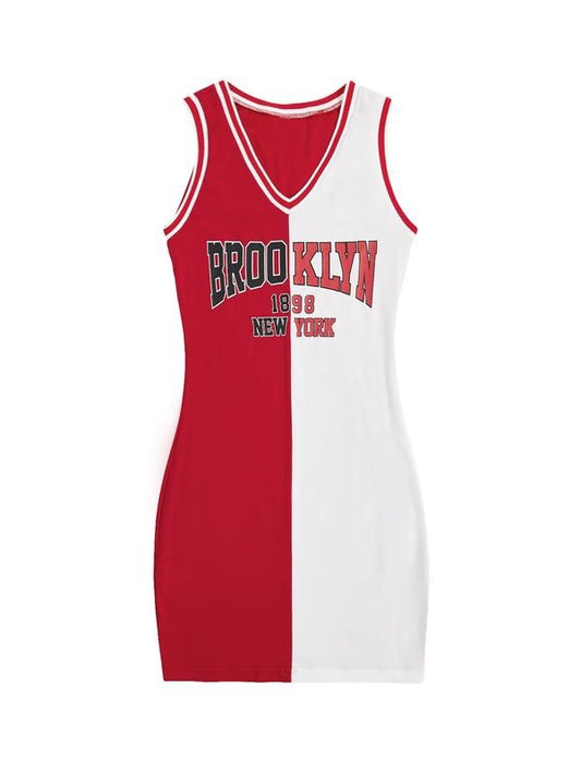 Letter Graphic Print Color Block V Neck Sleeveless Bodycon Mini Dress