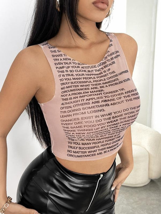 Letter Print Mesh Crop Tank Top Round Neck Sleeveless Y2k Tops