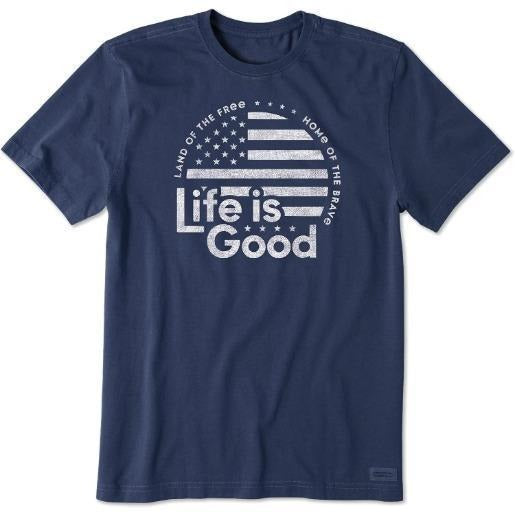 Life Is Good. Mens Crusher Tee Lig Flag Circle, Darkest Blue Made in USA