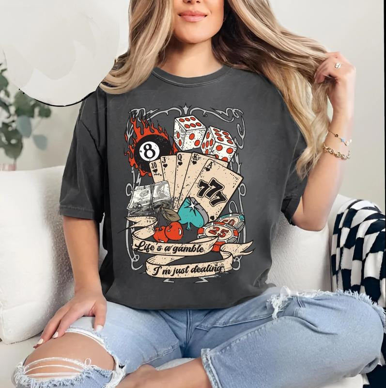 Life is a Gamble T-shirt, Turquoise T-shirt, Retro Western Country shirt,8 ball, Dice, Lucky