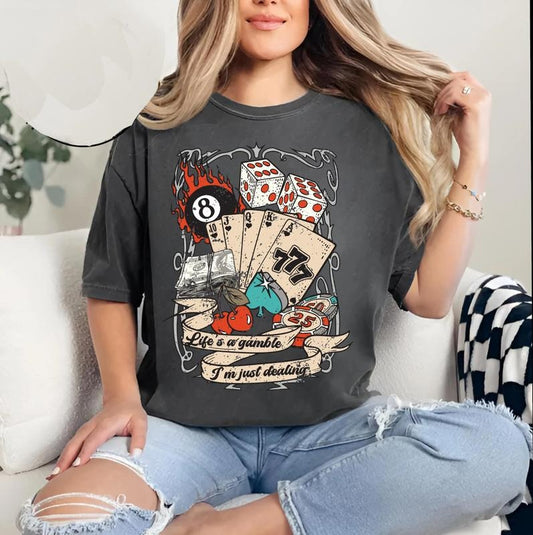 Life is a Gamble T-shirt, Turquoise T-shirt, Retro Western Country shirt,8 ball, Dice, Lucky