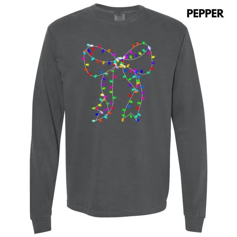 Lit Holiday Bulb Bow Long Sleeve Comfort Colors T-Shirt 'NLB'