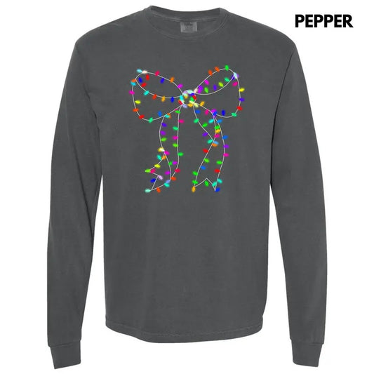 Lit Holiday Bulb Bow Long Sleeve Comfort Colors T-Shirt 'NLB'
