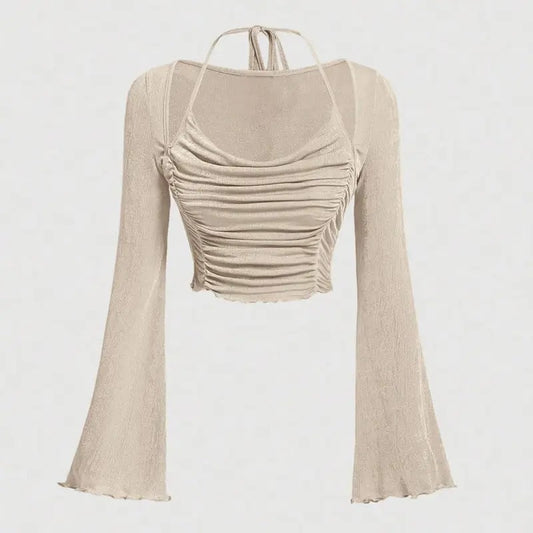 Long Sleeve Ruched Bust Off Shoulder Tie Back Flounce Sleeve Lettuce Trim Crop Top TeeY2K