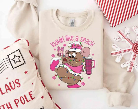 Lookin Like A Snack Gus Mouse Sweatshirt,Santa Gus Gus Mouse Pink Christmas Light Sweatshirt, Christmas Gus Mouse Tee Shirt, Funny Christmas Sweater, Holiday Shirt, Christmas Gift