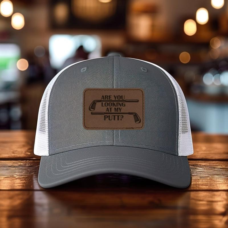 Looking At My Putt Mesh Back Trucker Cap Engraved Faux-Leather Patch Adjustable Hat, Golf Hat, Father's Day Gift, Funny Golf Dad Gift