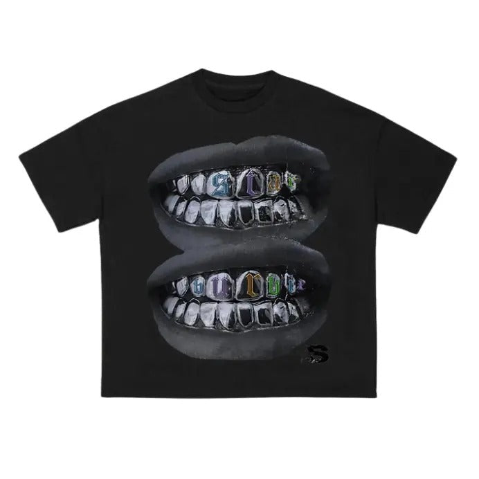 Loose Lip Print Graphic Cotton T-Shirt, Grillz Tshirt, Sweatshirt, Hoodie Gift For Women Top Womenswear Underwear Humen Streetwear Summer Casual Round Neck Crewneck Shortsleeve