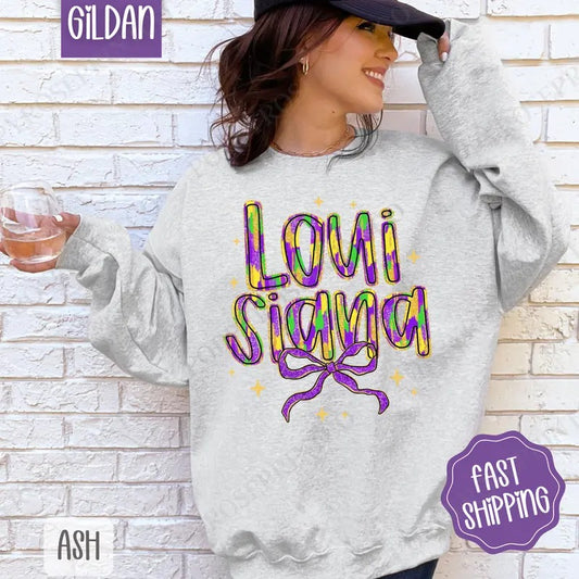 Louisiana Bow Sweatshirt, Coquette Mardi Gras Bow Crewneck, Holiday Women's Sweater