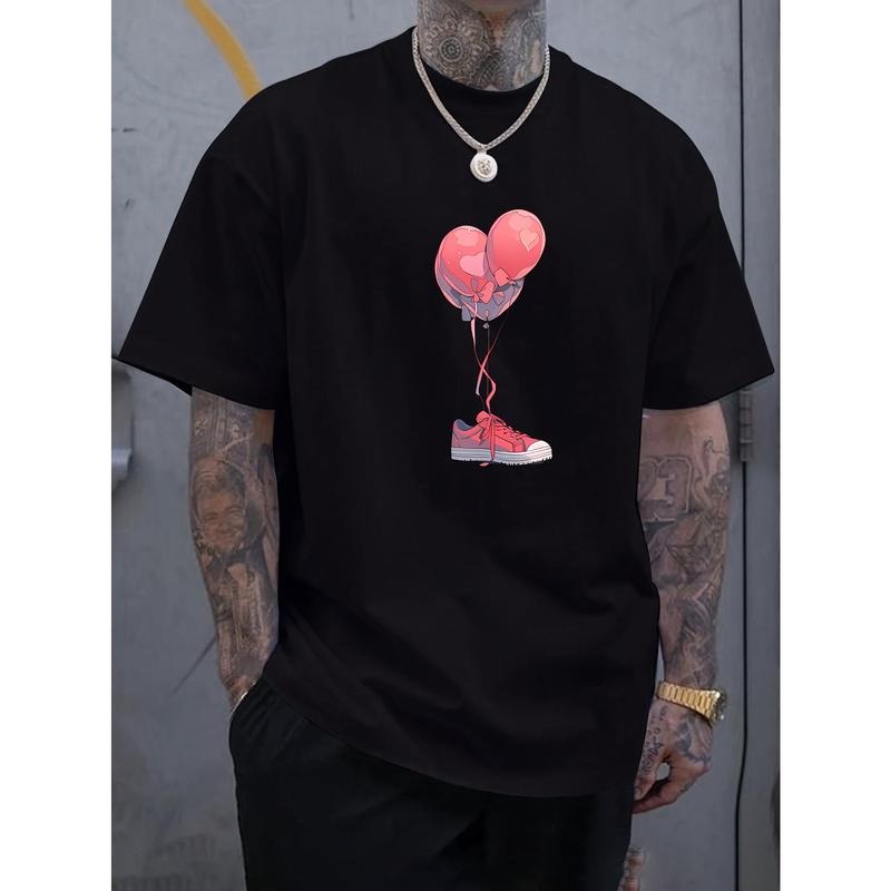 Love Balloon With Shoe Print Men's Round Crew Neck Short Sleeve Tee, Fashion T-Shirt, Comfy Breathable Casual Sports Top For Spring Summer Holiday Leisure Vacation Made in USA