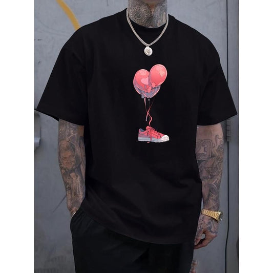 Love Balloon With Shoe Print Men's Round Crew Neck Short Sleeve Tee, Fashion T-Shirt, Comfy Breathable Casual Sports Top For Spring Summer Holiday Leisure Vacation Made in USA