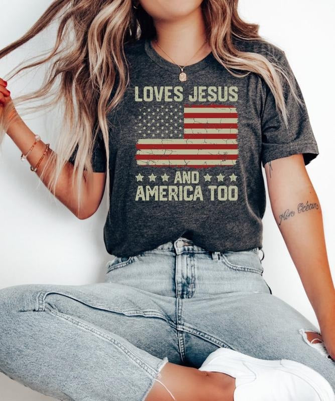 Loves Jesus and America Too t shirt Spiritual women tee Religions print tshirt Gifts for religious friends Love like Jesus I love Jesus