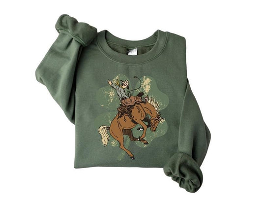 Lucky Bronc Horse Sweatshirt, Western St Patricks Day, Irish Gifts, Cowboy Sweatshirt For Women, St Patrick's Day Sweatshirt, Gift For Family Friends, Gifts For Patrick's Day Sweater, Long Sleeve Tee Crewneck Fit Unisex