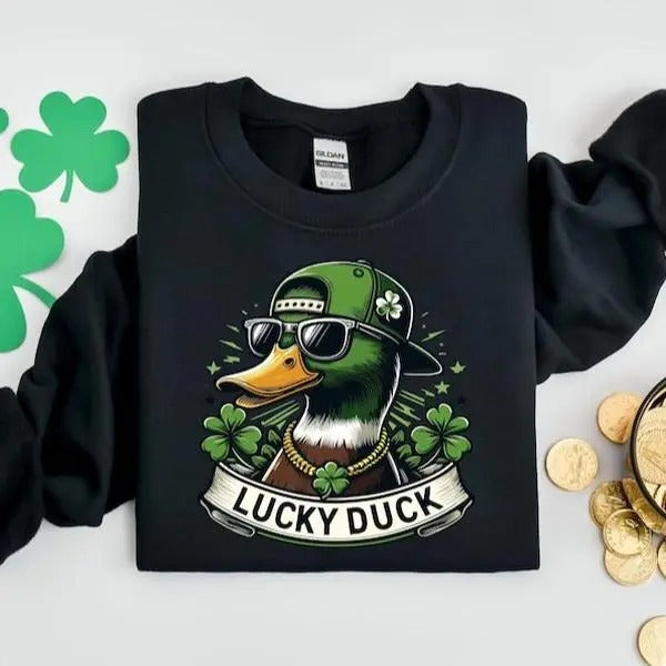 Lucky Duck St. Patrick Day Sweatshirt, Mallard and Shamrocks Sweatshirt, Shamrock and Duck Printed Paddys Day Shirt, Irish Day Sweatshirt