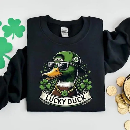 Lucky Duck St. Patrick Day Sweatshirt, Mallard and Shamrocks Sweatshirt, Shamrock and Duck Printed Paddys Day Shirt, Irish Day Sweatshirt