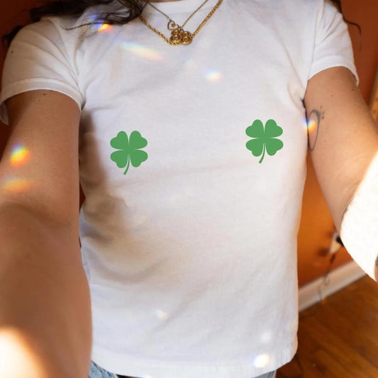 Lucky Four Leaf Clover Baby Tee, Four Leaf Clover Baby Tee, St Pattys Day Tee Shirt, Shamrock Four Leaf Shirt, Irish Shamrock Shirt, Y2k Shirt