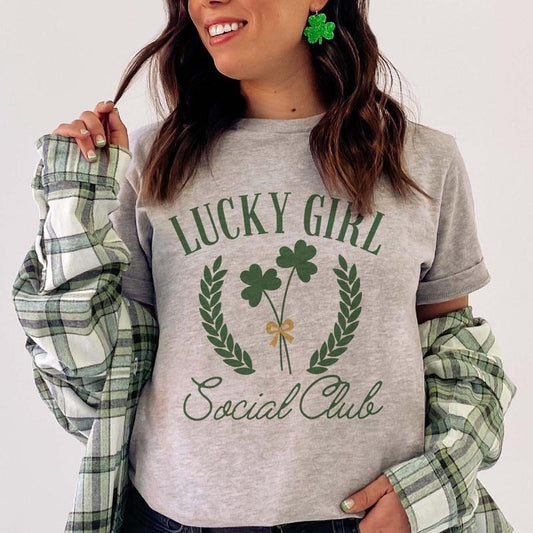 Lucky Girl Social Club St. Patrick's Day T-Shirt St. Patty's Day Tee Lucky Girl Clover Tee St. Patty's Day T-shirt Womens Shamrock T-Shirt Shamrock and Clover Tshirt St. Patricks Day Holiday Tees Casual Top