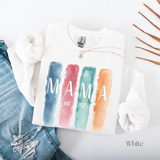 MAMA Est. 2025 Sweatshirt, Watercolor Brushstroke Mom Crewneck, New Mom Gift, Neutral Aesthetic Mother's Day Sweater, Cozy Mama Sweatshirt