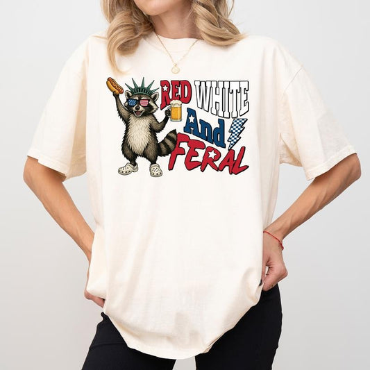 MAPTEES Red White And Feral Comfort Colors Shirt, Funny 4th Of July T-shirt, Feral American Women Graphic Tee, Meme Hotdog Raccoon Shirt