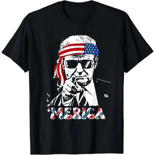 'MERICA TRUMP Happy 4th Of July Trump American Flag T-Shirt Made in USA