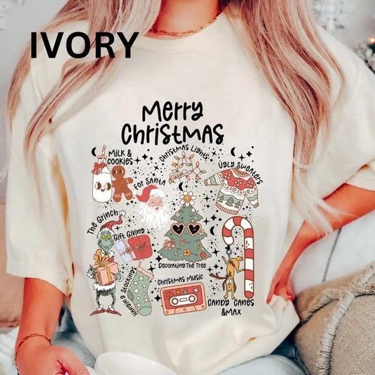 MERRY CHRISTMAS DOODLES T-SHIRT  CASUAL SHIRT UNISEX, CHRISTMAS CLOTHING, GRAPHIC APPAREL, HOLIDAY SHIRT) Cotton Fabric Womenswear Top Printed Oversized Women