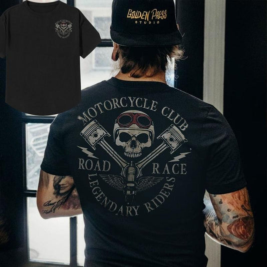 MOTORCYCLE CLUB ROAD RACE Skull Black 2 Side Print T-shirt -  Sweatshirt - Hoodie, Naughty Clothes Men Cotton, Motorcycle Shirt, Streetwear Menswear