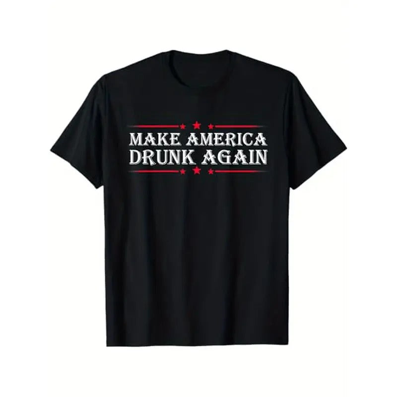 Make America Drunk Again" Funny Sarcastic Cotton Tee - Men's Casual Crew Neck T-Shirt with Unique Print Design, Machine Washable Made in USA