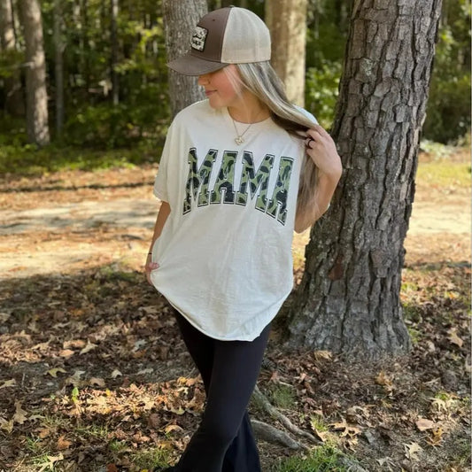 Mama Camo Varsity On Natural Tan Cotton T-shirt plus sized options Womenswear Comfort Fit graphic tees cute shirts