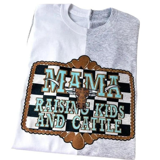 Mama Raising Kids and Cattle Checker Western Colorblock Comfy Unisex T-Shirt Oversized Womenswear Top