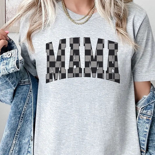 Mama Tshirt Checkerboard Mama Tee Black and Gray Checkerboard Mama Vibe T-Shirt Mom Vibe Top Womens Mama Graphic Tee Adult Checkerboard Tshirt Retro Checkerboard Mama Sublimation Top Casual Comfort