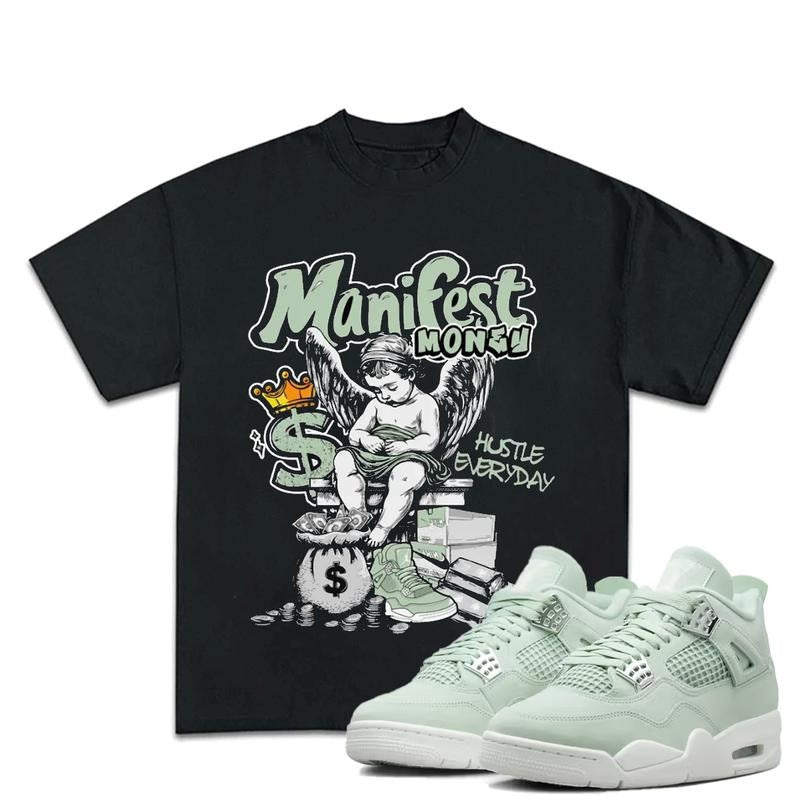 Manifest Money Match 4s Seafoam Outfits Sneakers, Unisex Cotton T-shirt, Y2K Graphic Tee, Fitted for a Contemporary Streetwear Look