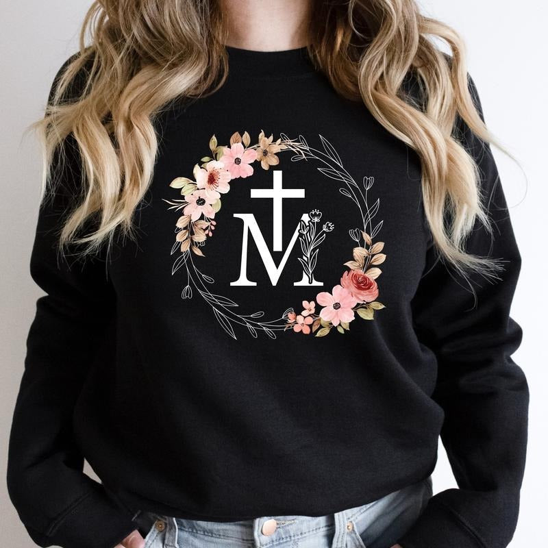 Marian Catholic Sweatshirt, Assumption of Mary Hoodie, Christian Sweater For Woman, Floral M And Faith Cross Gift Sweater, Religious Sweatshirt, Virgin Mary Hoodie.