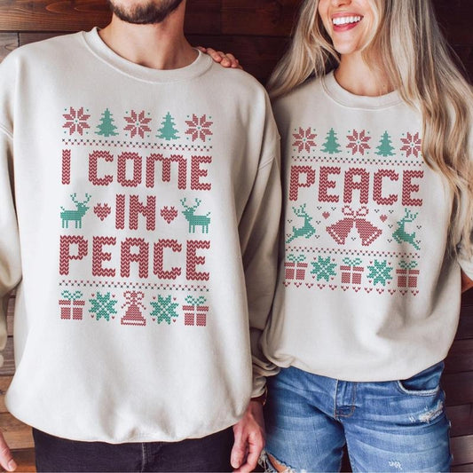 Matching Couples Ugly Christmas Sweater, Matching 'i Come In Peace' Xmas Sweatshirt, Holiday Party Humor, Funny Christmas Outfit, Long Sleeve Crewneck Shirt
