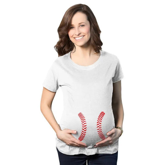 Maternity Baseball Laces Pregnancy T Shirt Novelty Sports Baby Bump Tee Funny Graphic Maternity Tee Cute Pregnancy Tees With Plus Sizes White