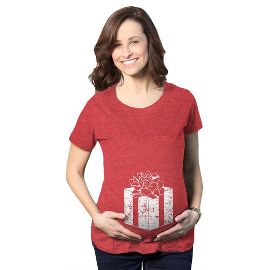 Maternity Belly Present Funny T shirts Christmas Pregnancy Announcement T shirt Funny Graphic Maternity Tee Cute Pregnancy Tees With Plus Sizes Christmas Maternity Wear Funny Maternity Shirts Red