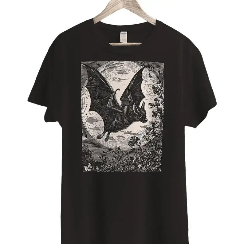 Medieval Bat T-Shirt, Goblincore Aesthetic Sweatshirt, Dark Cottagecore Tee, Whimsigoth Gothic T-shirt, Dark Academia Print Stylish Casual Cotton Menswear Top